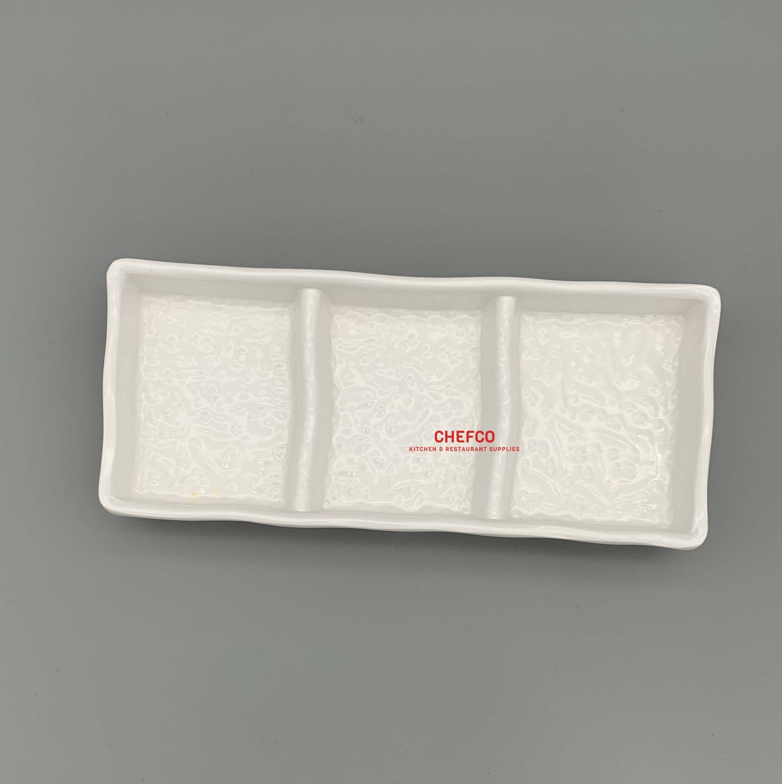 White Melamine Sauce Dish with Three Compartments (7.5" x 2.87") - Chefcoca