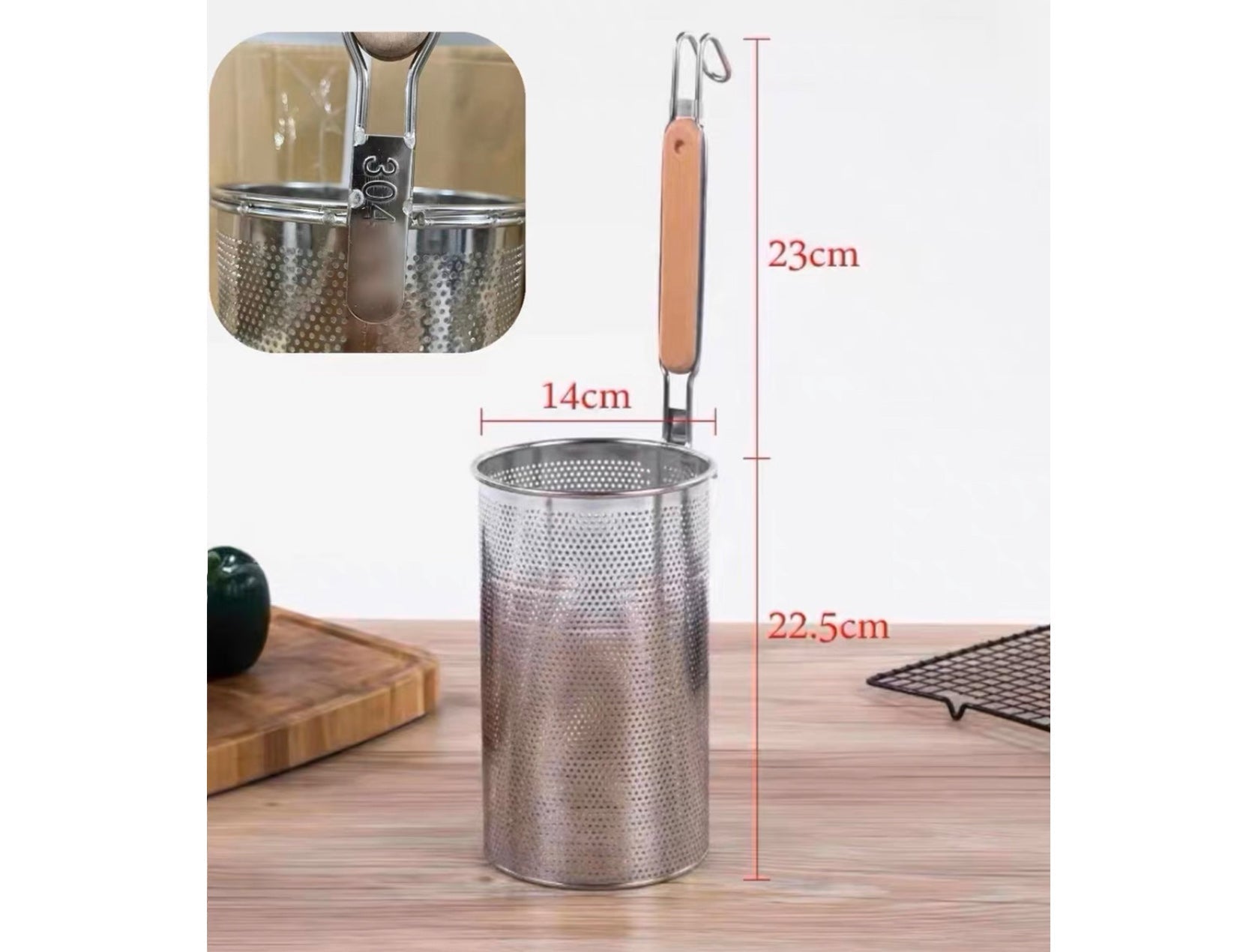 CHEFCO,FNS-1622,Coarse Stainless Steel Flat Bottom Noodle Strainer with Wooden Handle (9"H) - Chefcoca