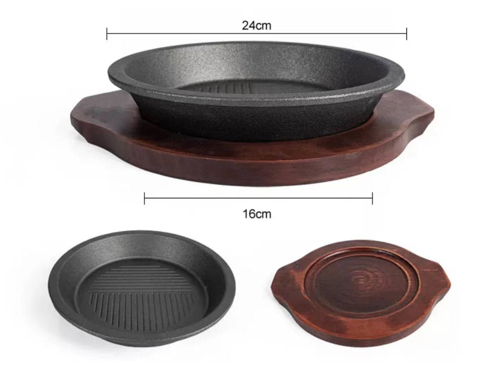 Cast Iron sizzling plate with wooden base (CIP-24) - Chefcoca
