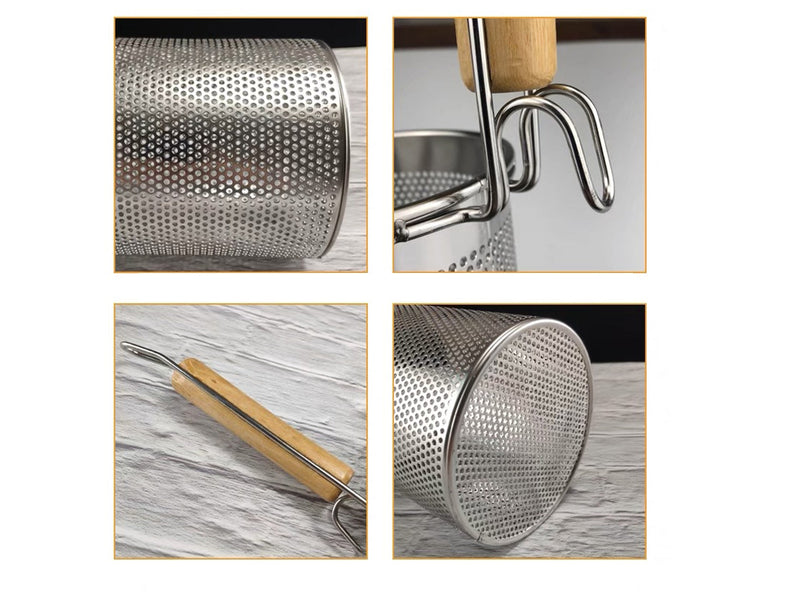 Stainless Steel Flat Bottom Noodle Strainer with Wooden Handle (5.5"H)