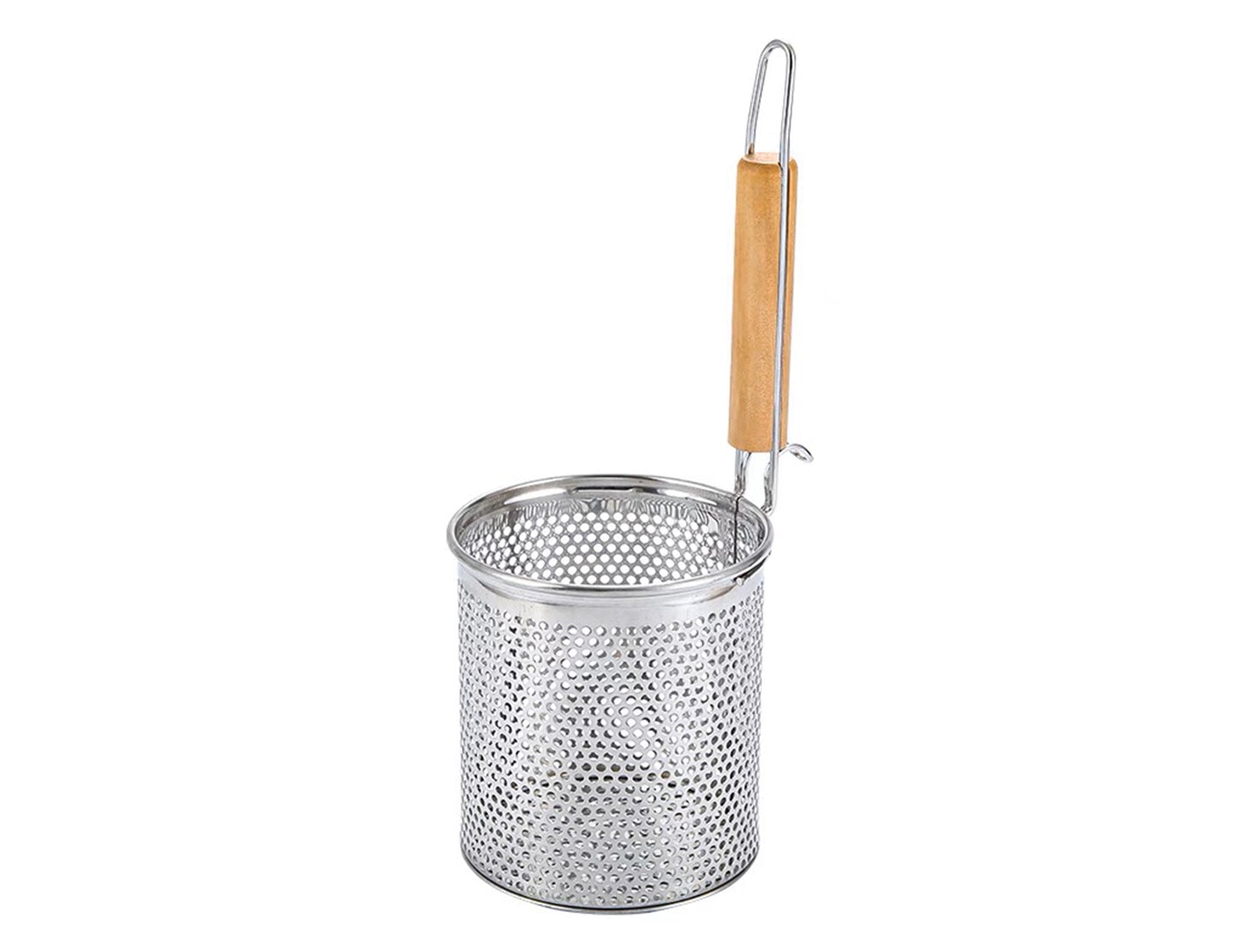 Stainless Steel Flat Bottom Noodle Strainer with Wooden Handle (5.5"H) - Chefcoca