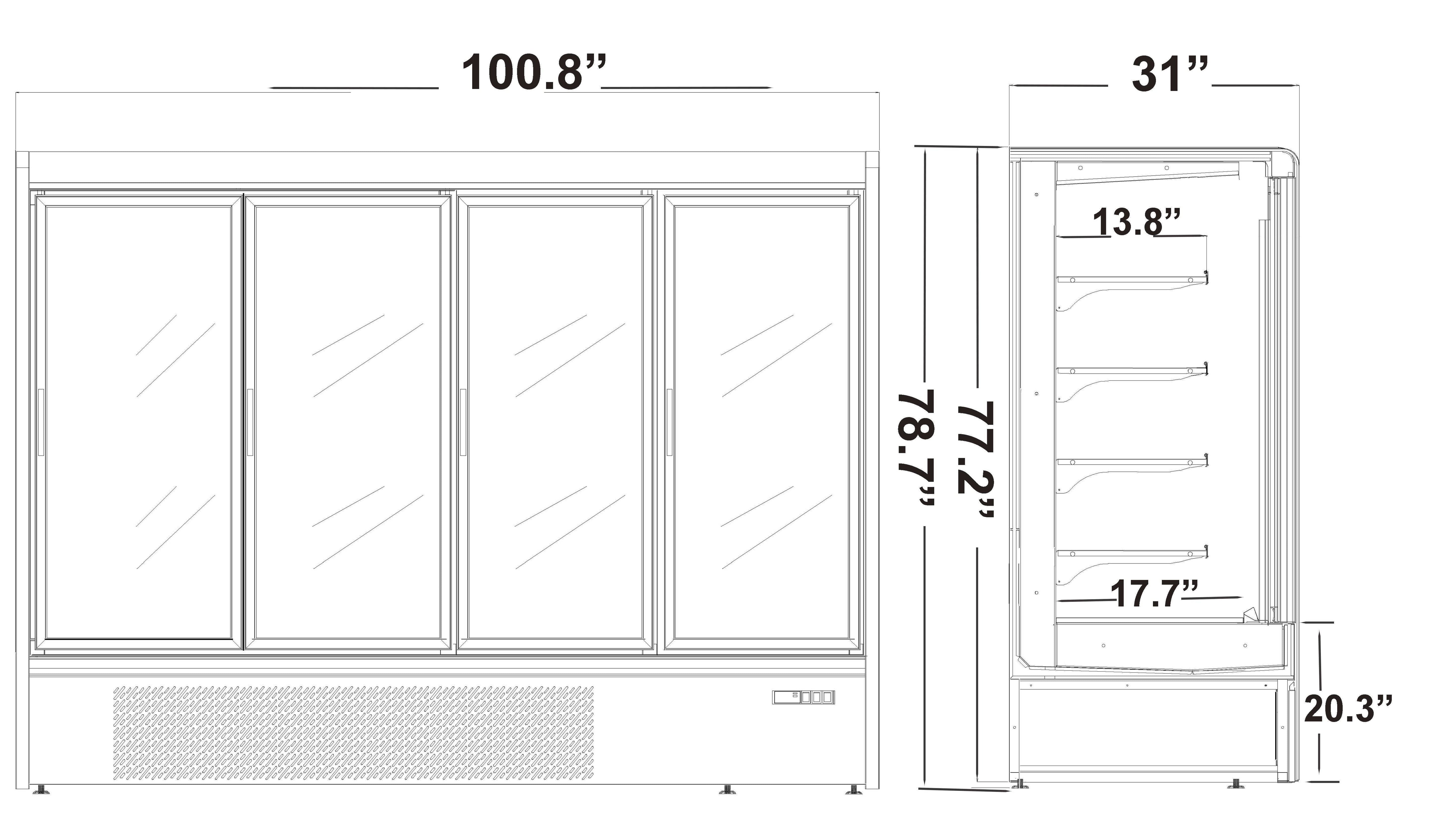 Four Doors Grab & Go Display Case, 100.8" wide Refrigerator - Chefcoca