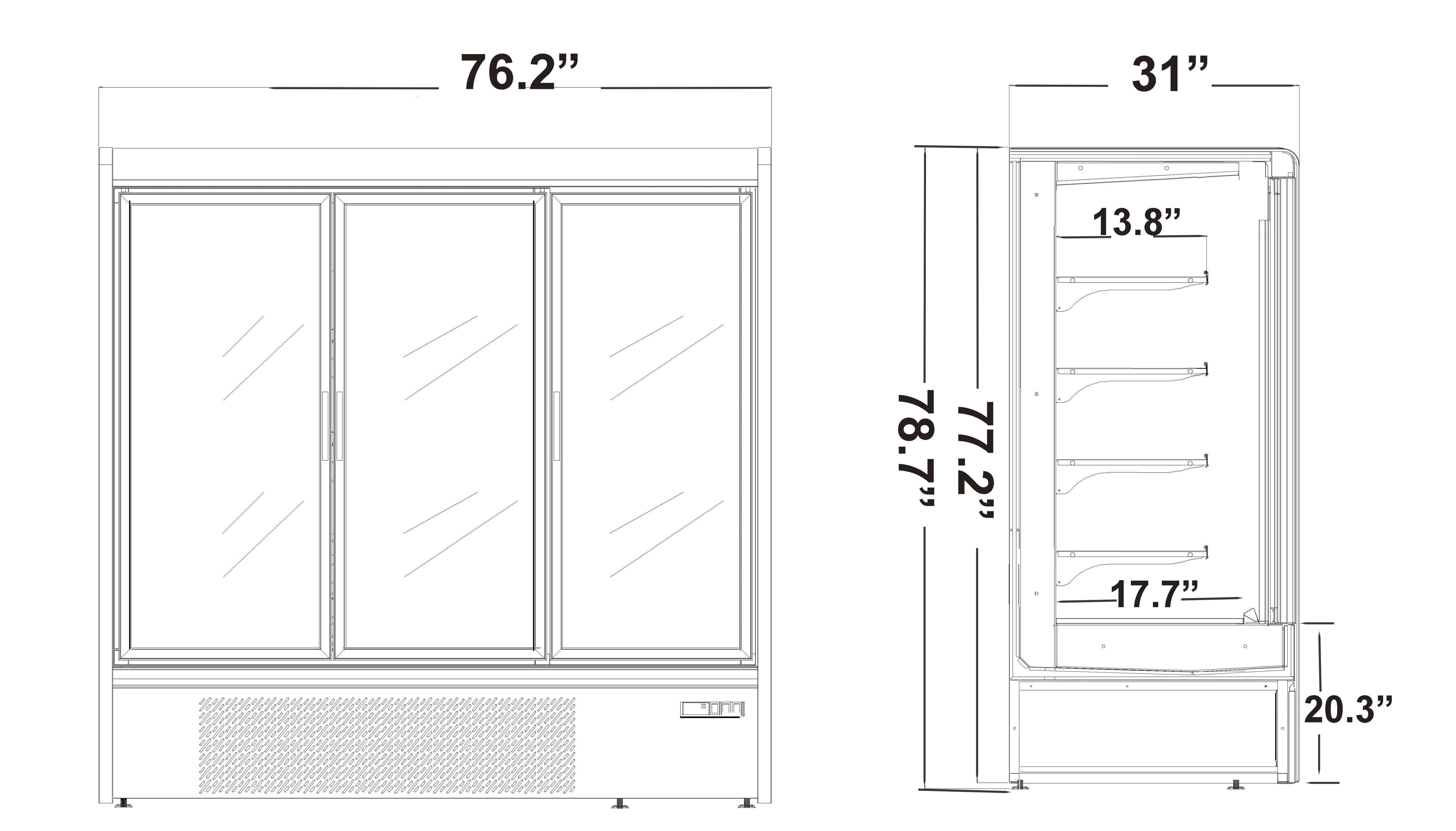 Three Doors Grab & Go Display Case, 76.2" wide Refrigerator - Chefcoca