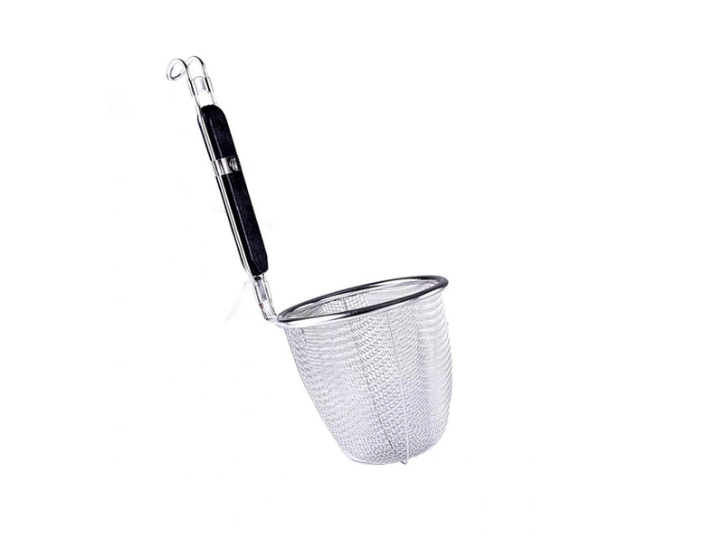 Extra Heavy Duty Stainless Steel Pasta Strainer, Black Wooden Handle (5.3"Dia x 5.5"H)