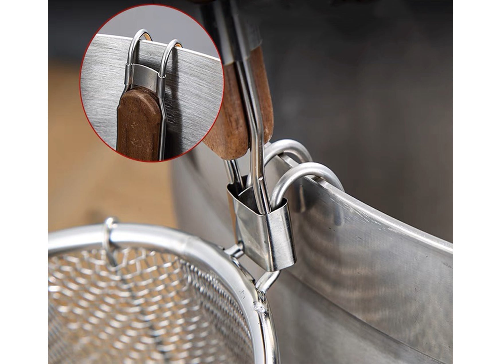 Extra Heavy Duty Stainless Steel Pasta Strainer, Natural Round Wooden Handle (5.5"Dia x 6"H) - Chefcoca