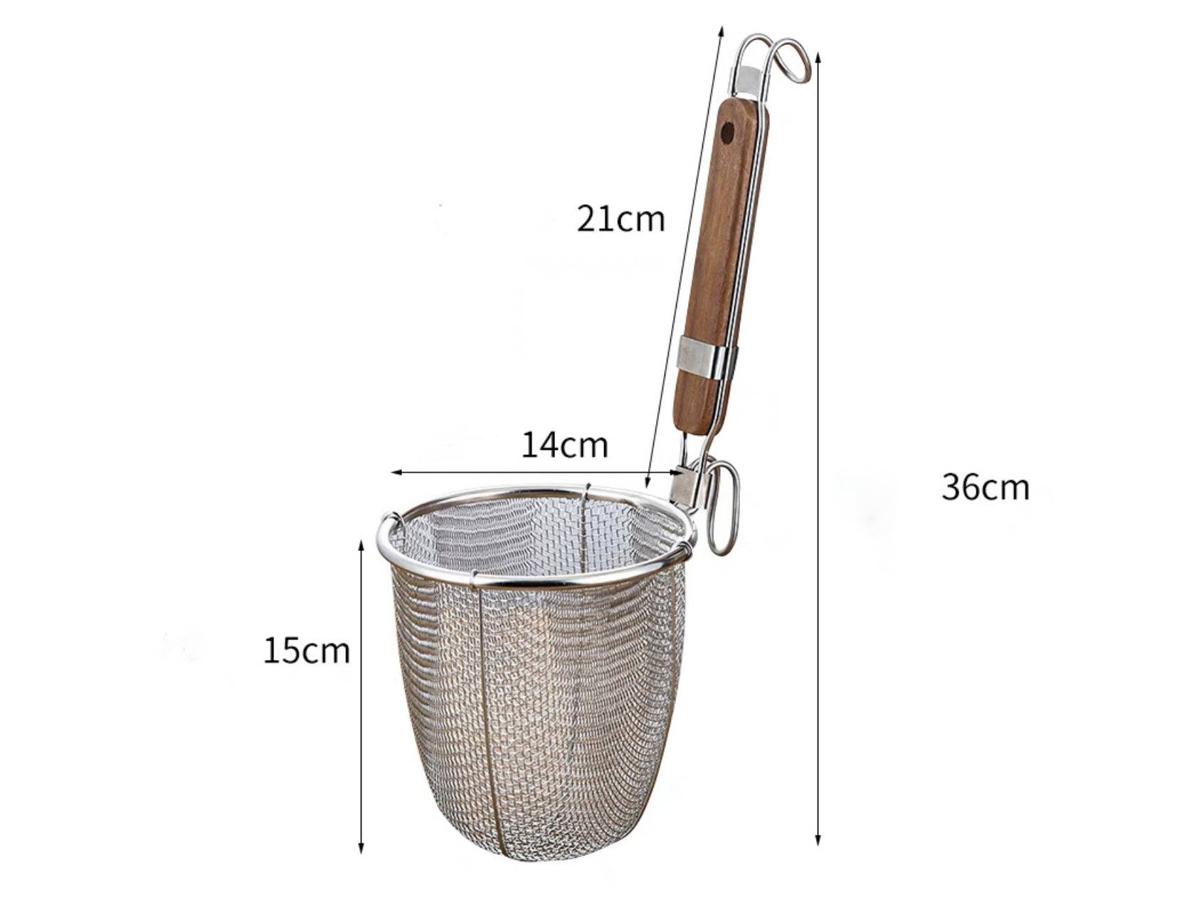 Extra Heavy Duty Stainless Steel Pasta Strainer, Natural Round Wooden Handle (5.5"Dia x 6"H) - Chefcoca