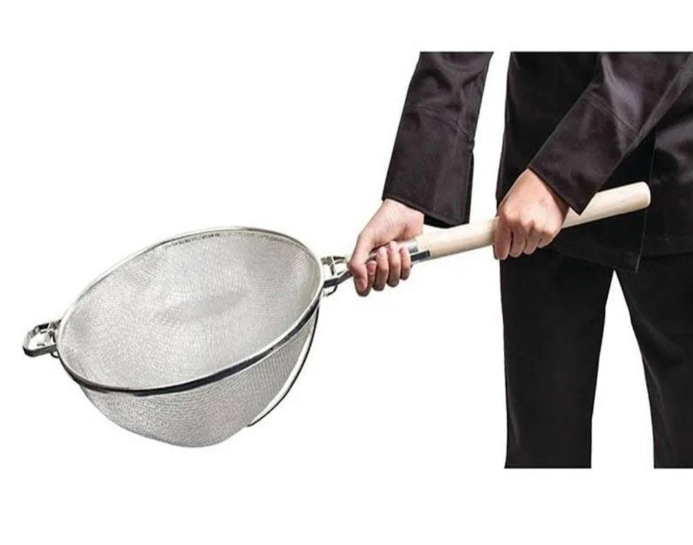 Sub-equip,RSS-12D, 12" Reinforced Heavy-Duty Medium Stainless Steel Double Mesh Strainer with Round Wooden Handle & Hanging Hook - Chefcoca