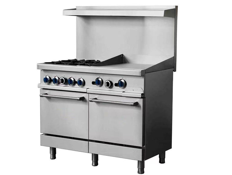 Turbo Range Liquid Propane 4 Burner 48" Range with 24" Thermostatic Griddle and 2 Space Saver Ovens