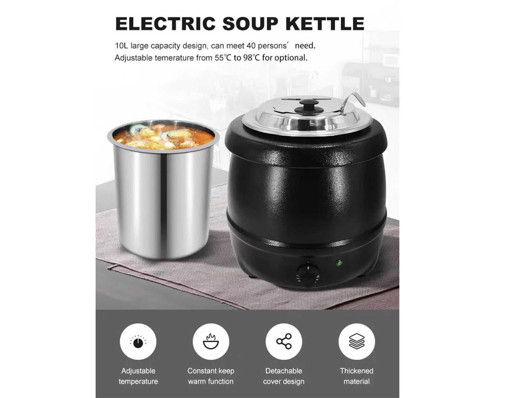 10.5 Quart Commercial Electric Soup Warmer with Stainless Steel Pot and Hinged Lid, Black - Chefcoca