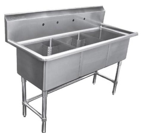 51" 16-Gauge 304 Stainless Steel Three Compartment Sink, No Drainboards (51" x 21" x 44.5") - Chefcoca