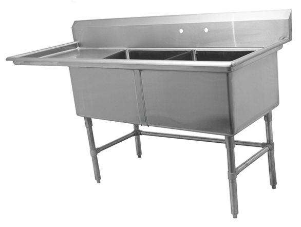 57.1" 16-Gauge 304 Stainless Steel Two Compartment Sink with Left Drainboard (57.1" x 27" x 44.5") - Chefcoca