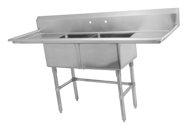 16 Gauge 304 Stainless Steel Two Compartment Sink with Right & Left Drainboards (80" x 26" x 44.5") - Chefcoca