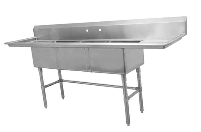 16 Gauge 304 Stainless Steel Three Compartment Sink with Left & Right Drainboards (100" x 26" x 44.5") - Chefcoca