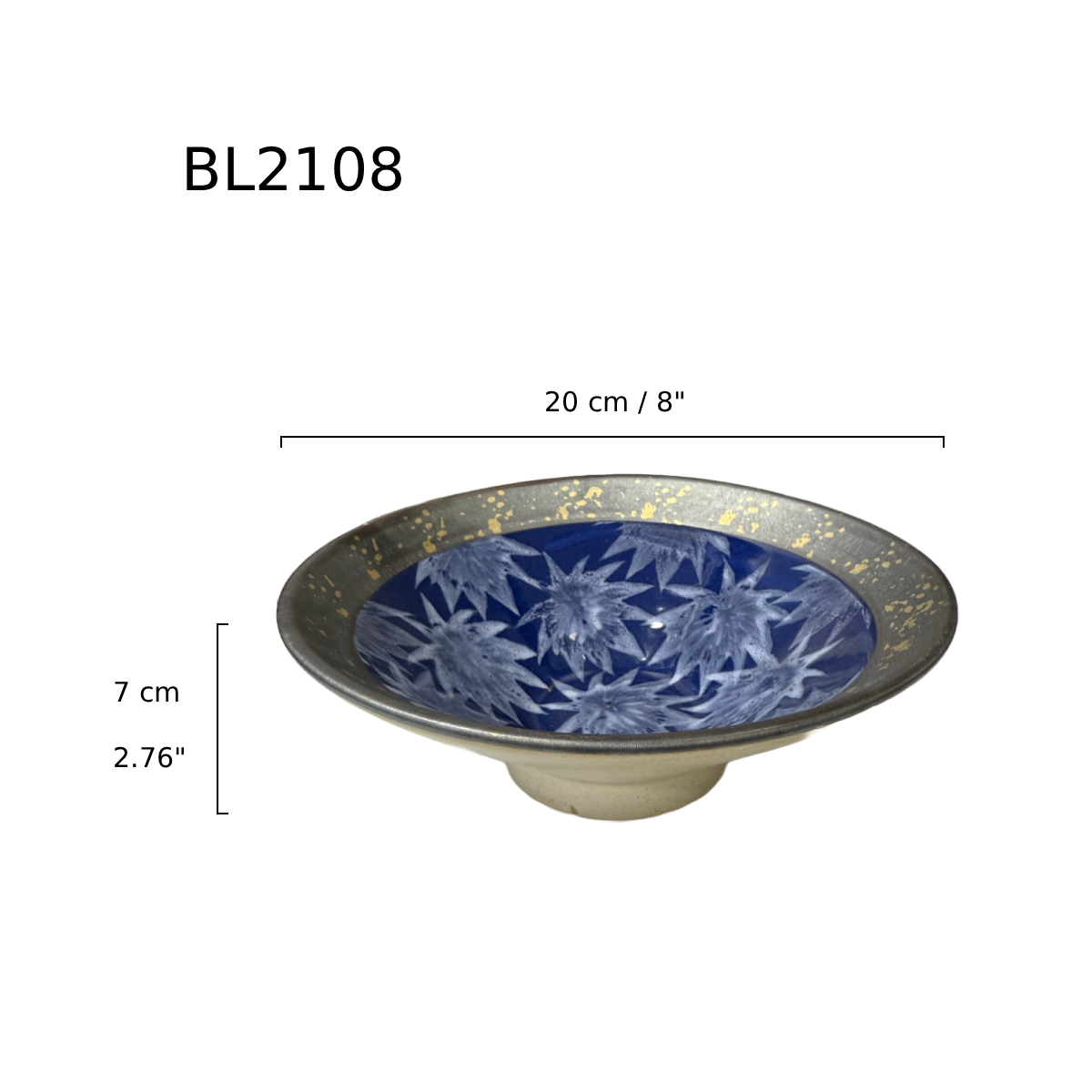 Chefco, 8" Dia Ceramic Blue Round Noodle Bowl with Sakura & Golden Flake Pattern (BL2108) - Chefcoca