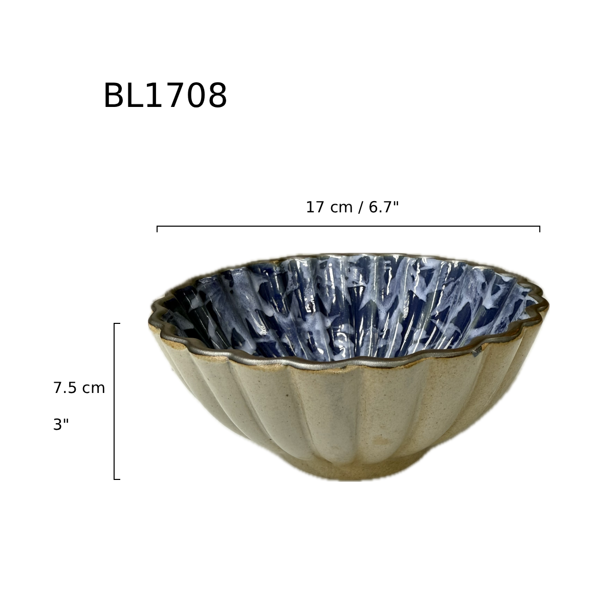 Chefco, 6.5" Dia Ceramic Blue Round Flower Shape Bowl with Sakura & Flake Pattern (BL1708) - Chefcoca