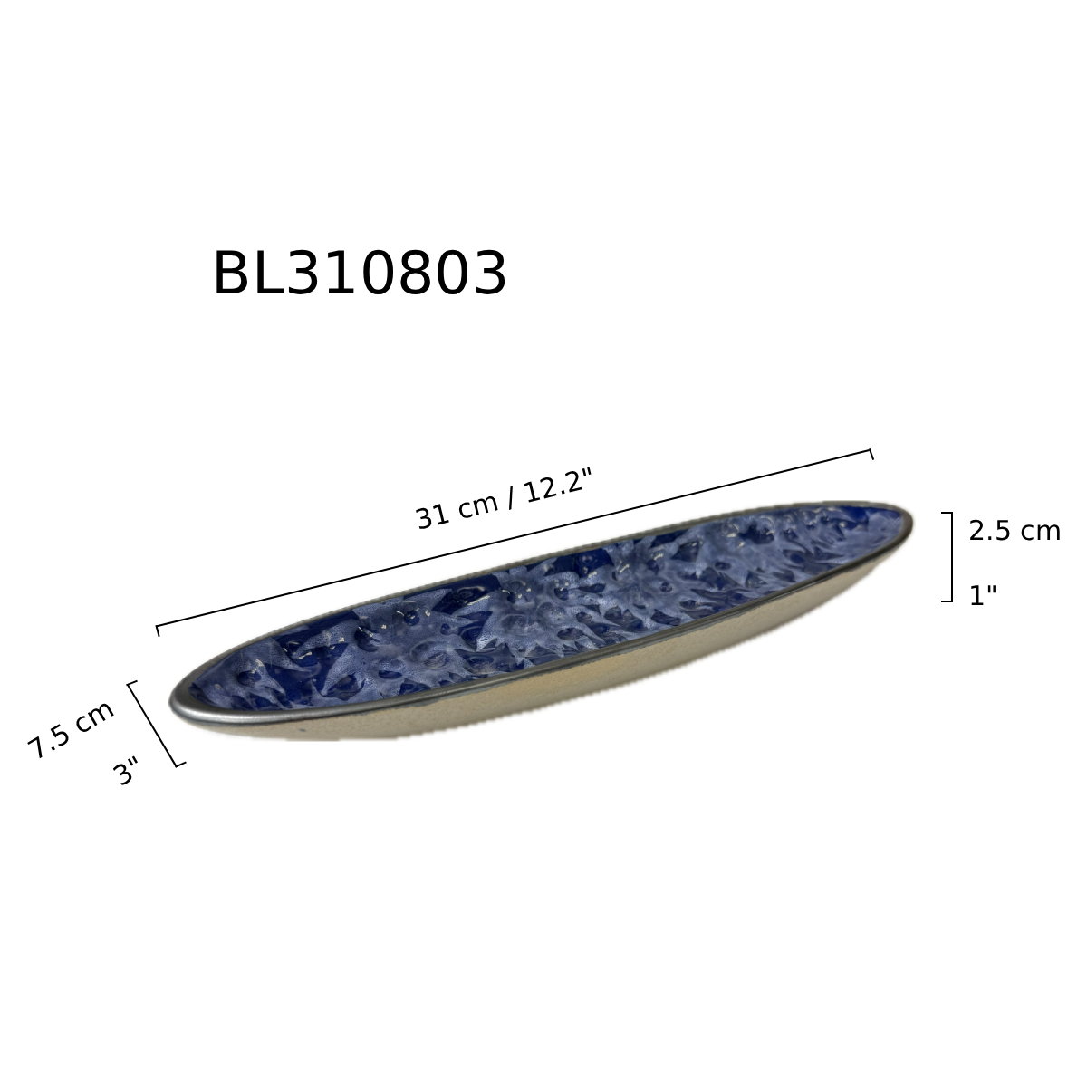 Chefco, 12" Long Ceramic Blue Embossed Oval Plate with Skura & Golden Flake Pattern (BL310803) - Chefcoca