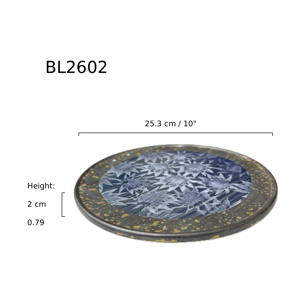 Chefco, 10" Dia Ceramic Blue Round Wide Rim Plate with Sakura & Golden Flake Pattern (BL2602) - Chefcoca