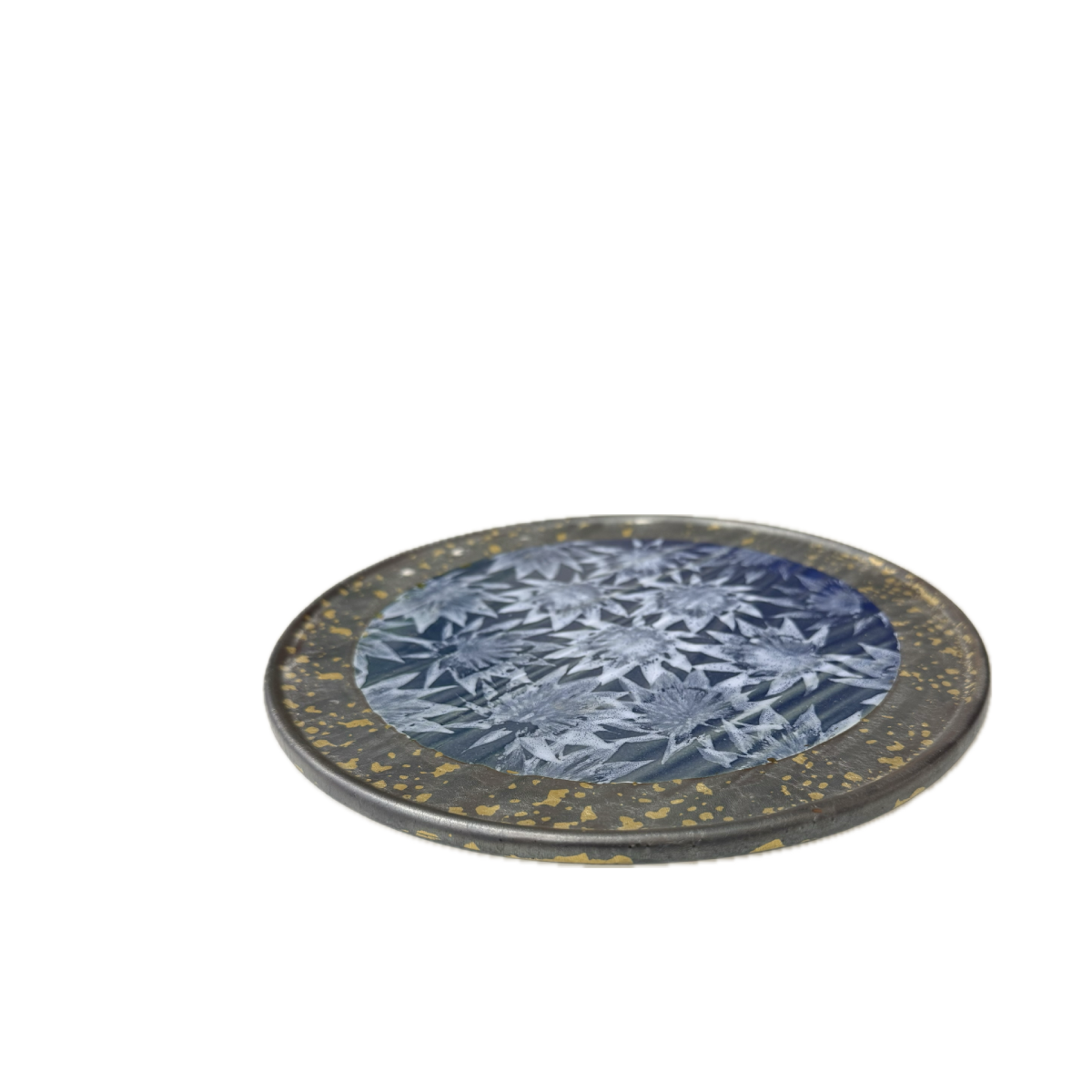 Chefco, 10" Dia Ceramic Blue Round Wide Rim Plate with Sakura & Golden Flake Pattern (BL2602) - Chefcoca