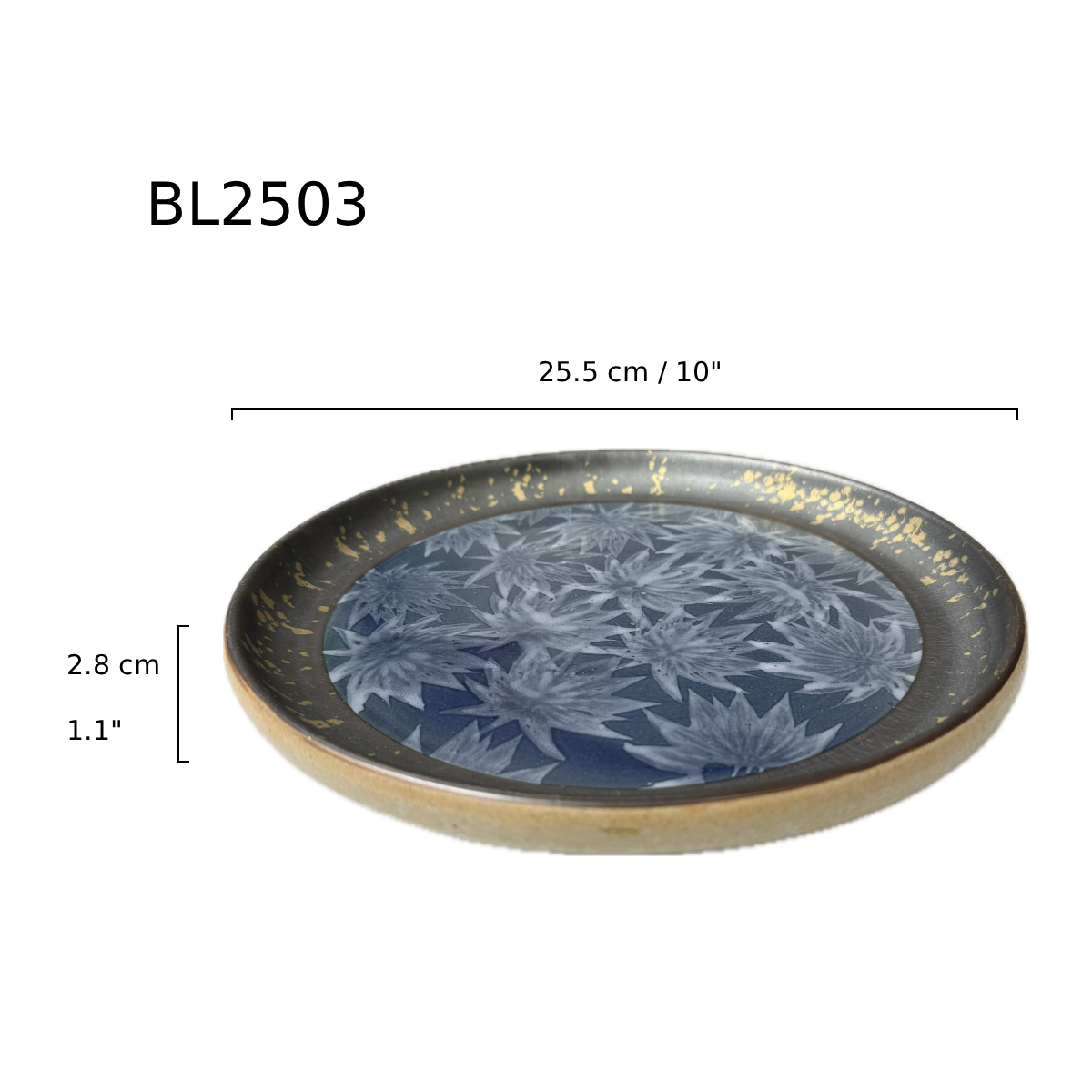 Chefco, 10" Dia Ceramic Blue Round Plate with Sakura & golden Flake Pattern (BL2503) - Chefcoca