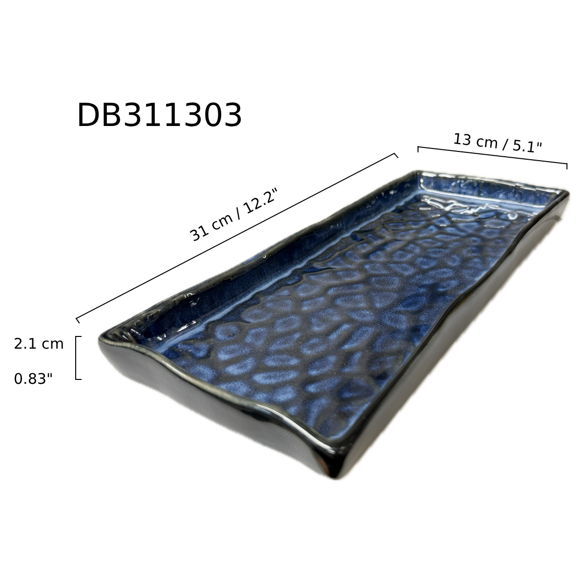 Chefco, 12 1/4" x 5 1/2" Ceramic Cat's Eye blue Embossed Rectangular Plate (DB311303) - Chefcoca
