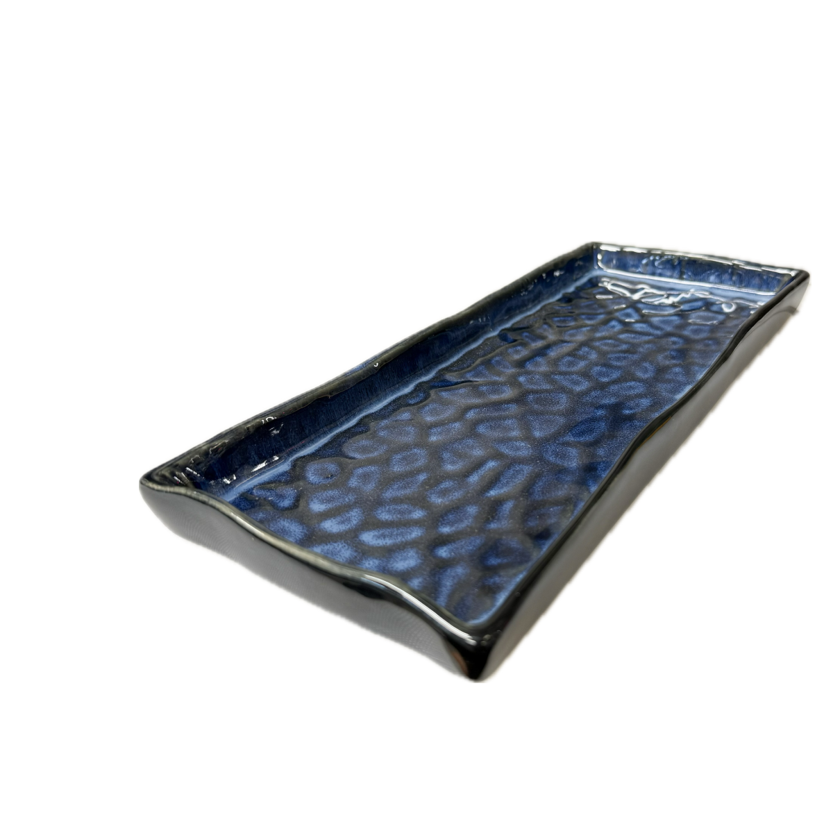 Chefco, 12 1/4" x 5 1/2" Ceramic Cat's Eye blue Embossed Rectangular Plate (DB311303) - Chefcoca