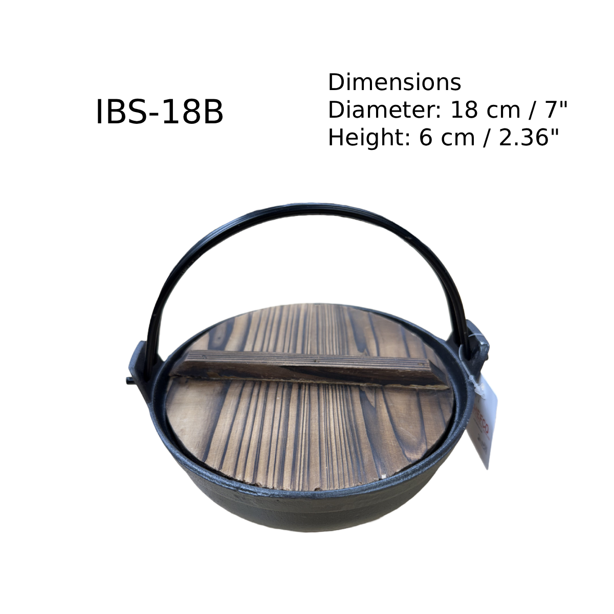Chefco, 18cm Dia Cast Iron Flat Bottom Serving Pot With Wire Handle & Wood Cover (IBS-18B)
