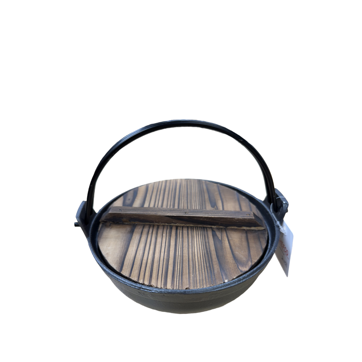 Chefco, 18cm Dia Cast Iron Flat Bottom Serving Pot With Wire Handle & Wood Cover (IBS-18B)