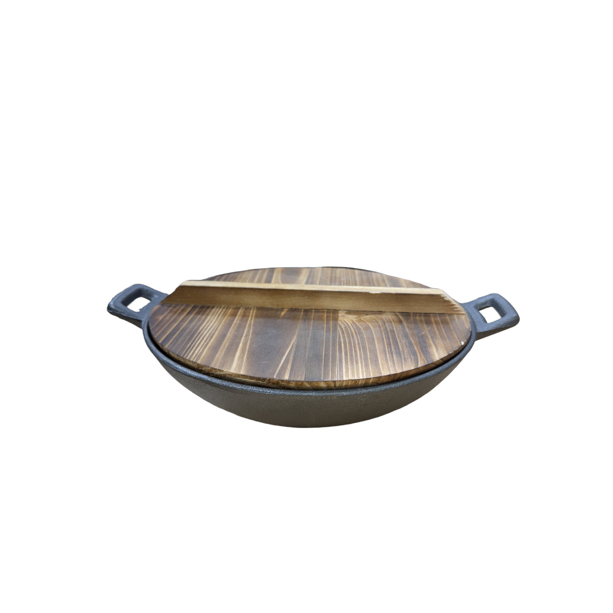 Chefco, 26cm Dia Cast Iron Flat Bottom Serving Wok with Double Handle & Wood Cover (IP-26W) - Chefcoca