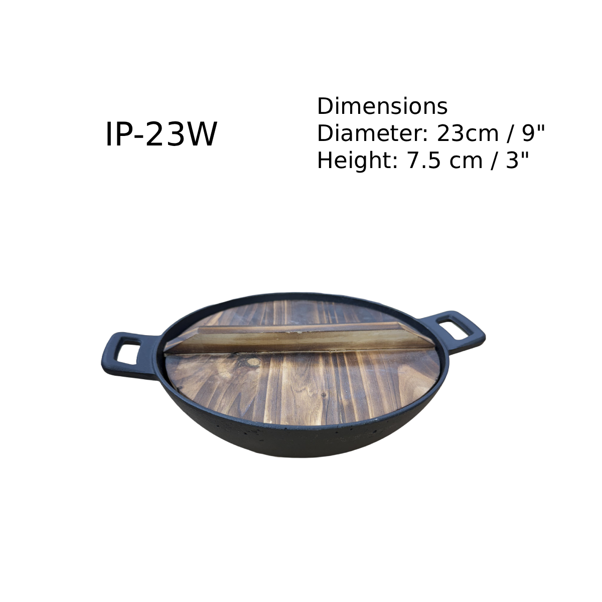 Chefco, 23cm Dia Cast Iron Flat Bottom Serving Wok with Double Handle & Wood Cover (IP-23W) - Chefcoca