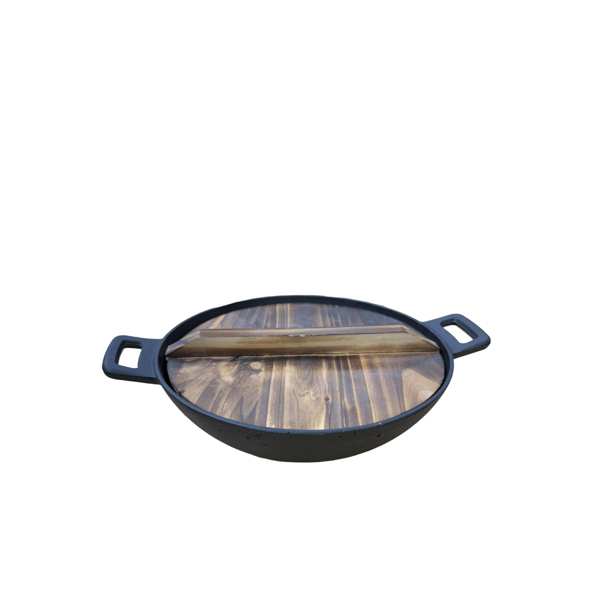 Chefco, 23cm Dia Cast Iron Flat Bottom Serving Wok with Double Handle & Wood Cover (IP-23W) - Chefcoca