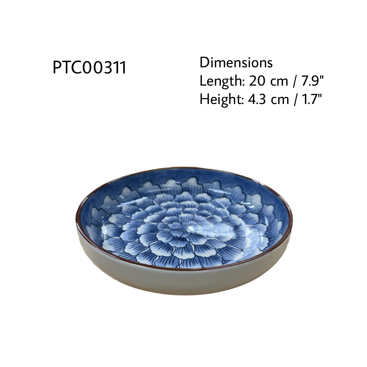 Chefco, 8" Dia Ceramic White Round Deep Plate with Blue Flowers Pattern (PTC00311) - Chefcoca