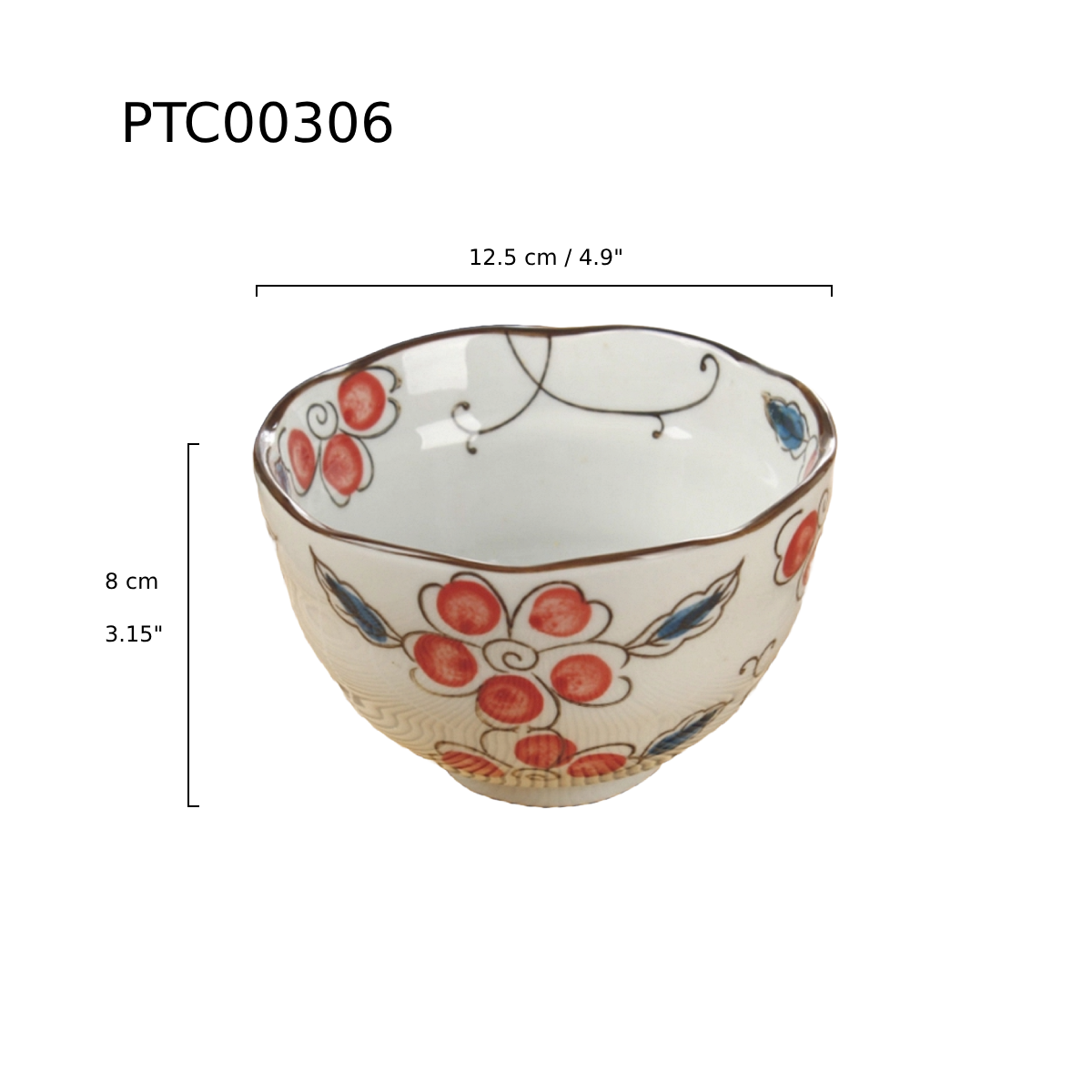 Chefco, 5" Dia Ceramic White Bowl with Red Flowers Pattern (PTC00306) - Chefcoca