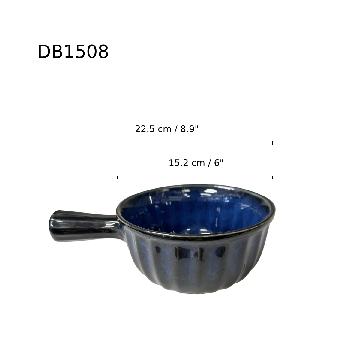 Chefco, 6" Dia, 9" Long Ceramic Cat's Eye Blue Cup-shaped Bowl with Single Handle, 20oz (DB1508) - Chefcoca