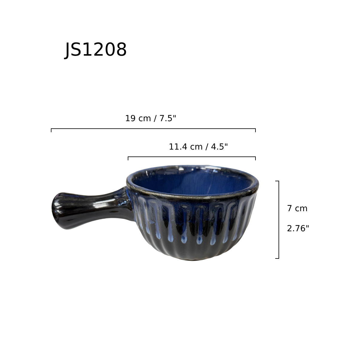 Chefco, 4 1/2" Dia, 7 1/2" Long Ceramic Dark Blue Kiln Cup-shaped Bowl with Single Handle (JS1208) - Chefcoca