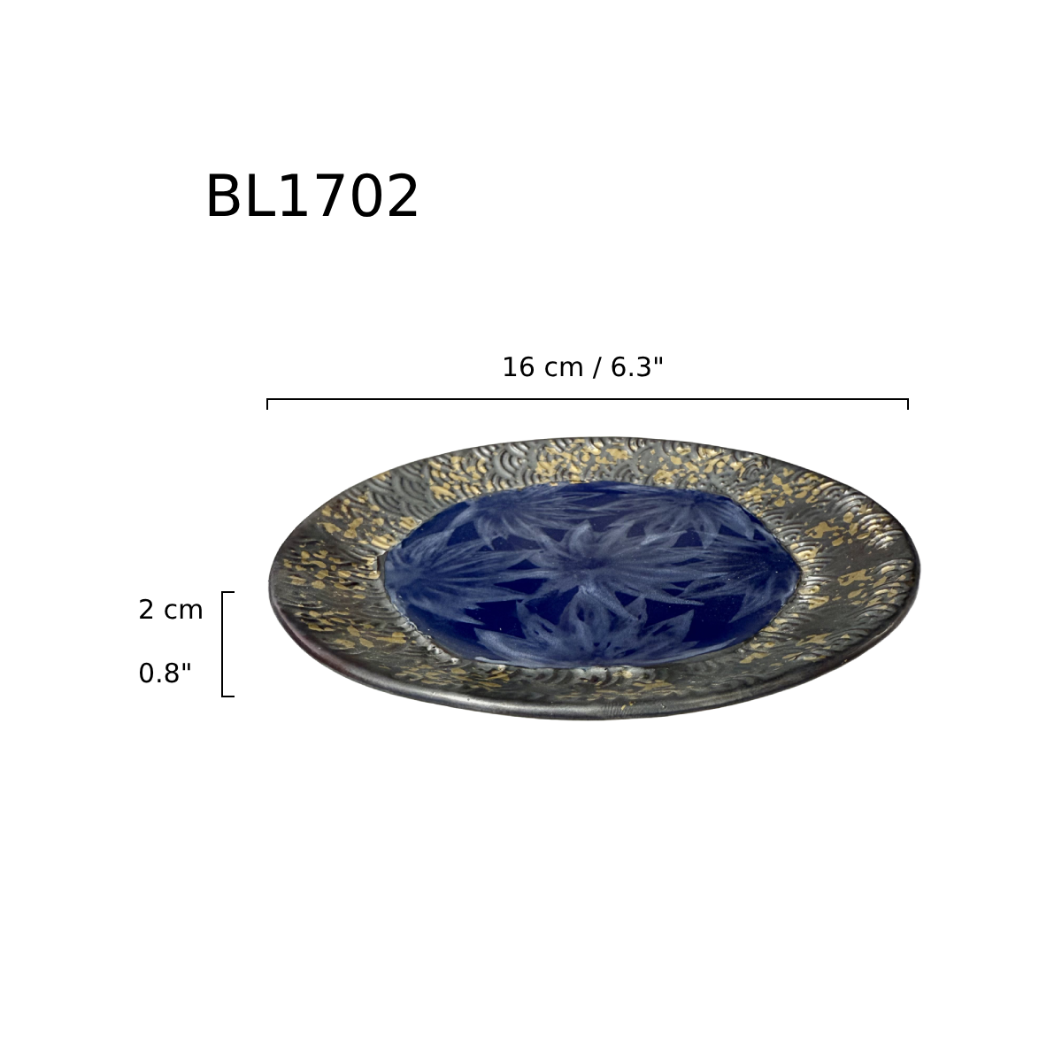 Chefco, 6.5" Dia Ceramic Blue Round Flat Plate with Sakura & Golden Flake Pattern (BL1702) - Chefcoca