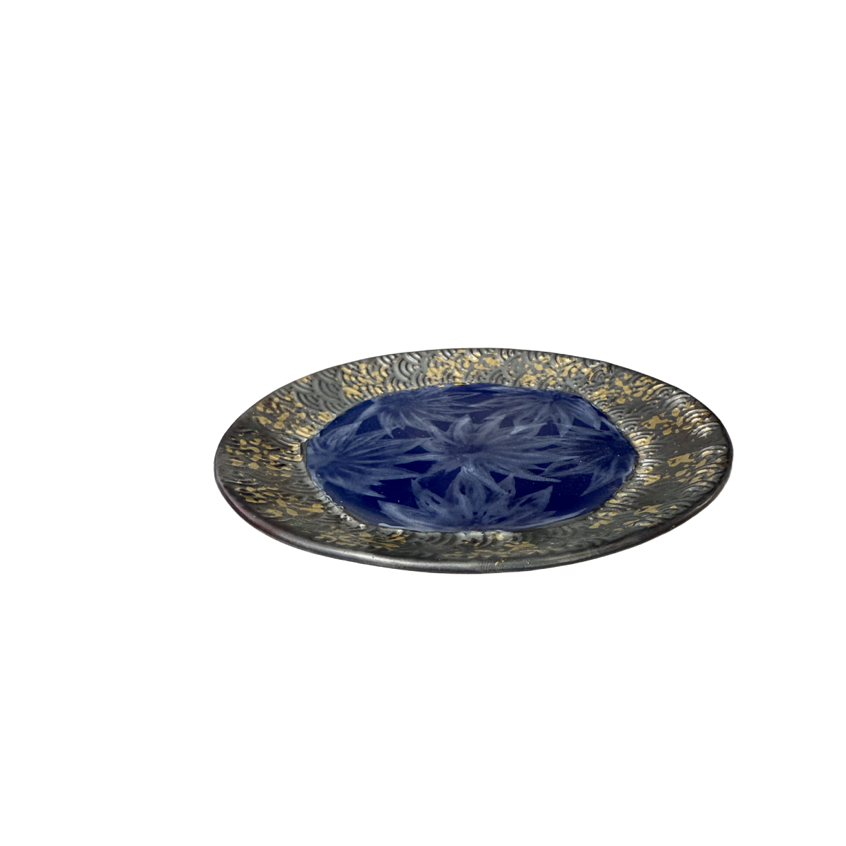 Chefco, 6.5" Dia Ceramic Blue Round Flat Plate with Sakura & Golden Flake Pattern (BL1702) - Chefcoca