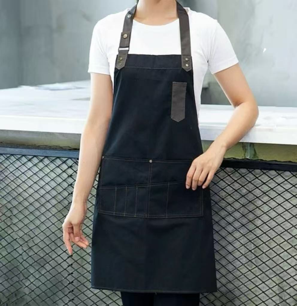 Sub-equip,BA-2726K,Full Length Bib Apron with Pocket, Black with Multi Pockets - Chefcoca