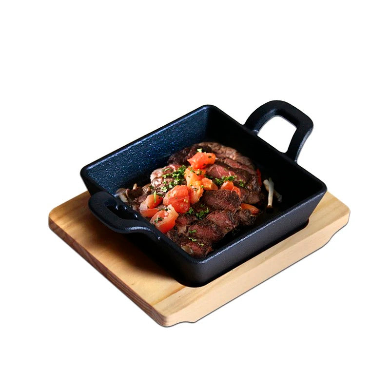 Square mini Cast Iron Platter with wooden base, 4.9"x 4.9" (12.5 cm x 12.5 cm)