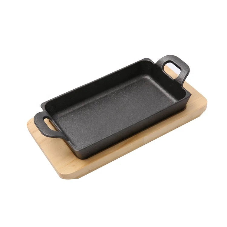 Rectangular Mini Cast Iron Platter with wooden Tray, 7.9" x 4.7" (or 20cm x 12cm)