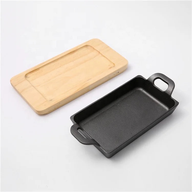 Rectangular Mini Cast Iron Platter with wooden Tray, 7.9" x 4.7" (or 20cm x 12cm)