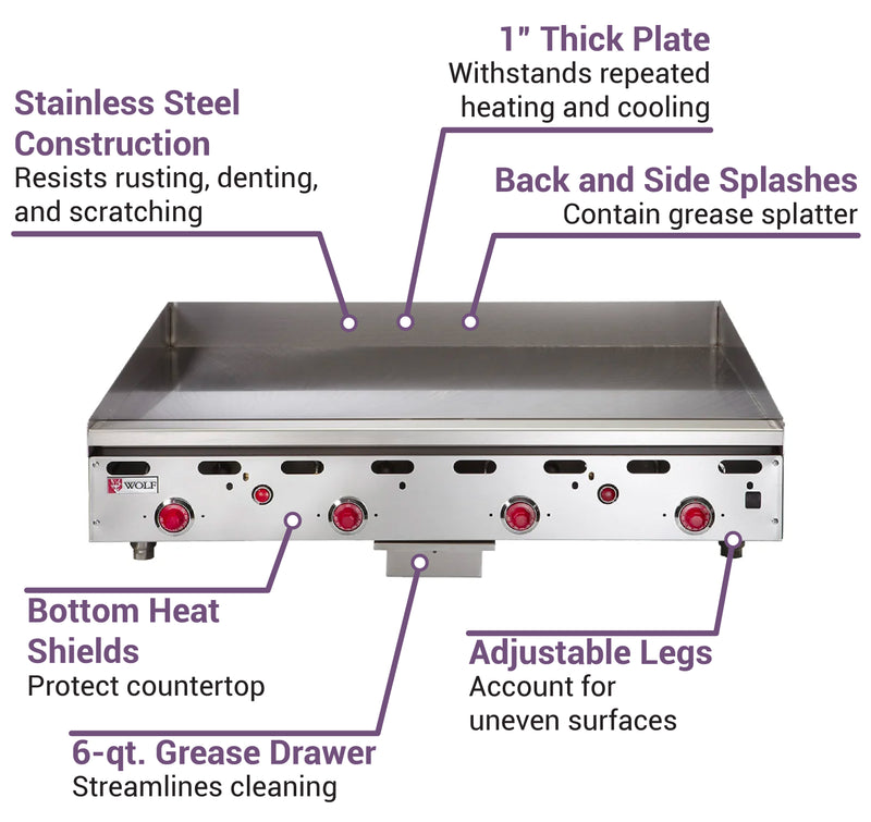 Wolf ASA48-24 -NAT Natural Gas 48" Countertop Griddle with Snap-Action Thermostatic Controls - 108,000 BTU