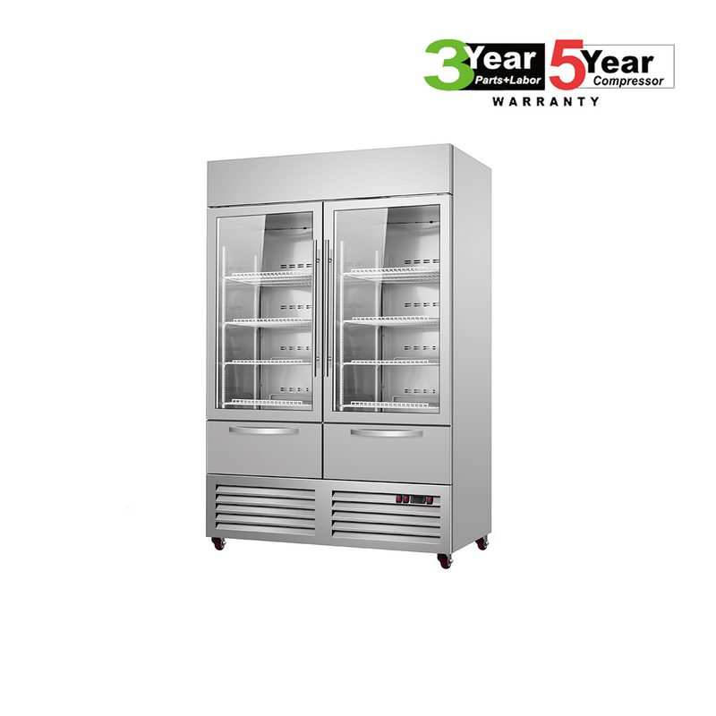 Sub-Equip, C-54RG-2D 54" Glass Double Door Reach-In Refrigerator With Two Drawer