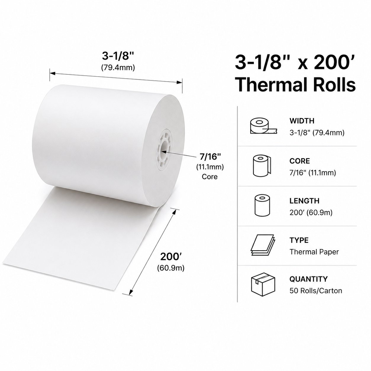 30133, 3 1/8"X 200" Thermal Paper, 50 Rolls/case