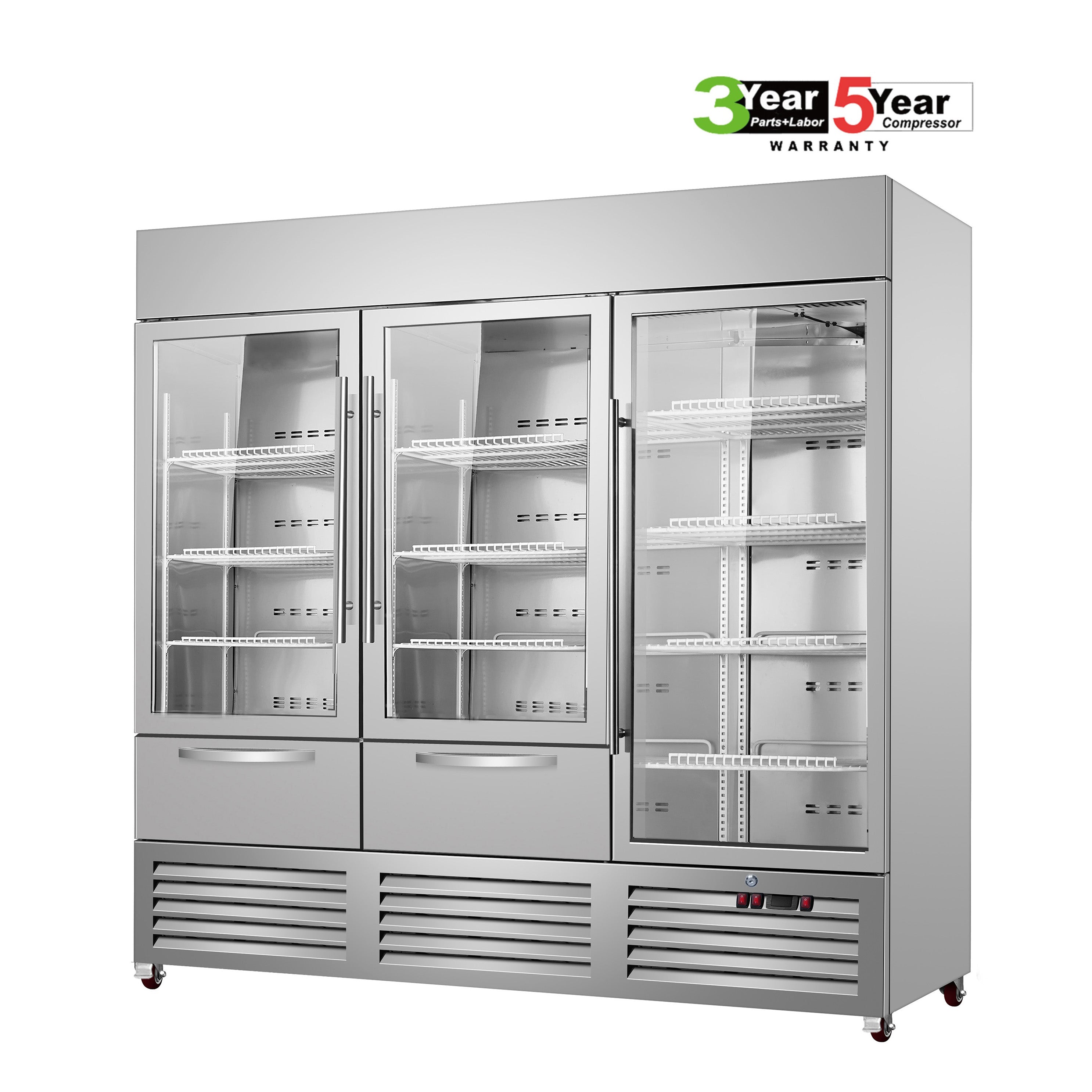 Sub-Equip, C-81RG-2D 81" Glass Triple Door Reach-In Refrigerator With Two Drawer