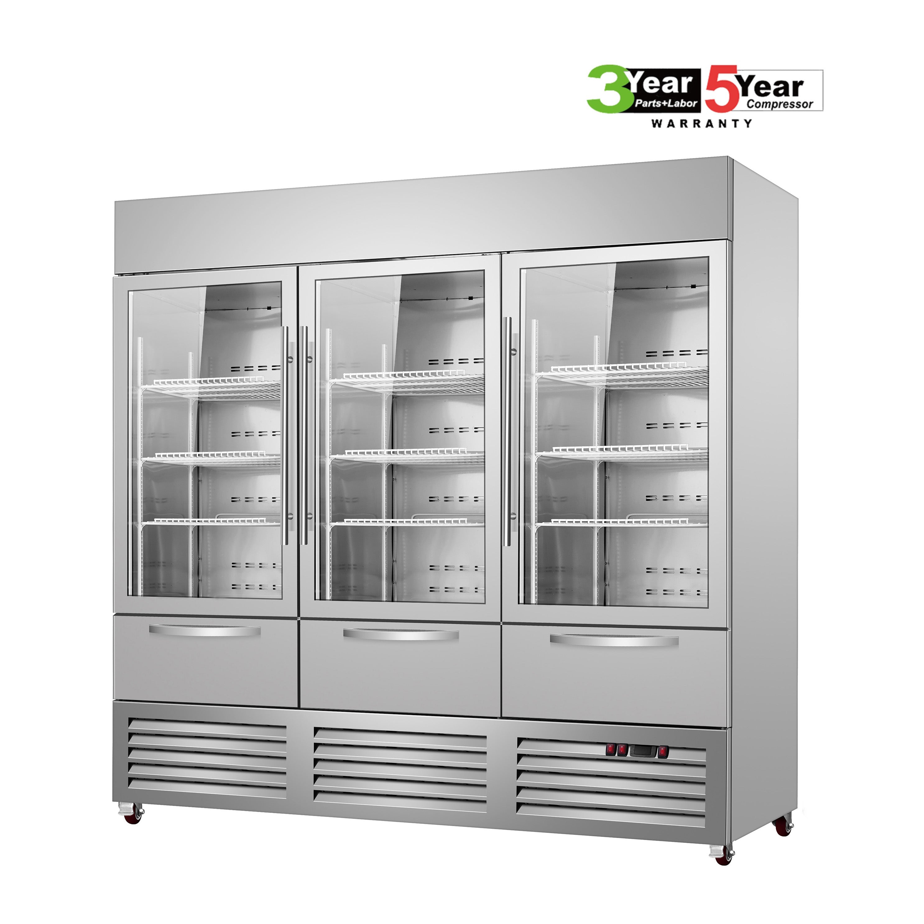 Sub-Equip, C-81FG-3D 81" Glass Triple Door Reach-In Freezer With Three Drawer