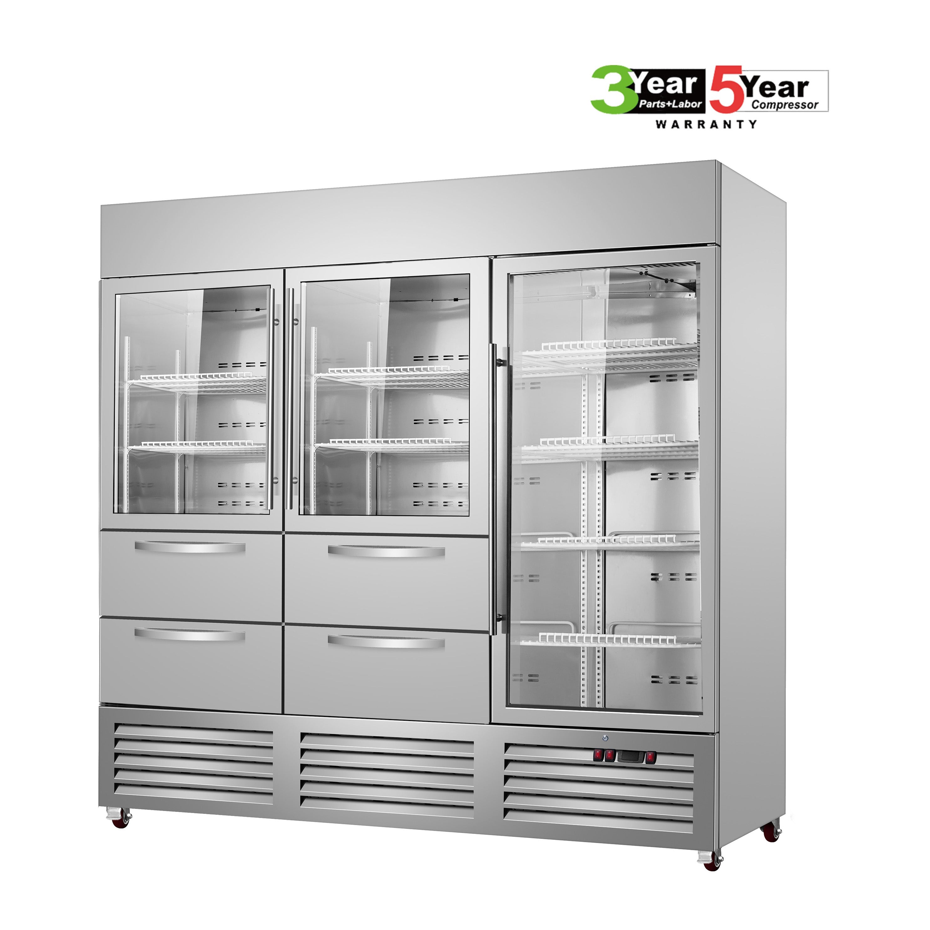 Sub-Equip, C-81FG-2D 81" Glass Triple Door Reach-In Freezer With Two Drawer