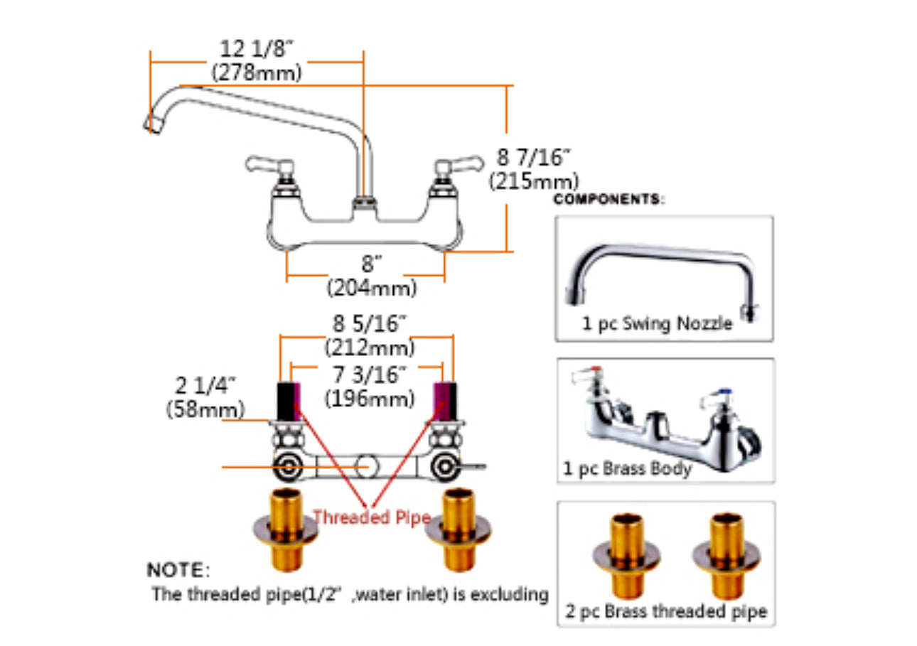 Wall-Mounted Faucet with 8" Centers and 12" Swing Spout (C-1801）