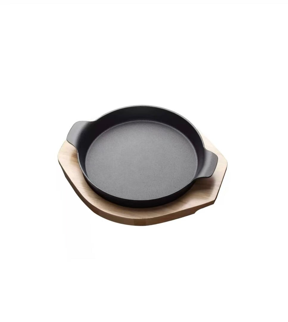 Sub-equip,CIPS-153,Enamel Round Mini Cast Iron Platter with Wooden Base,2pcs/set (15cm/5.9" Dia) - Chefcoca