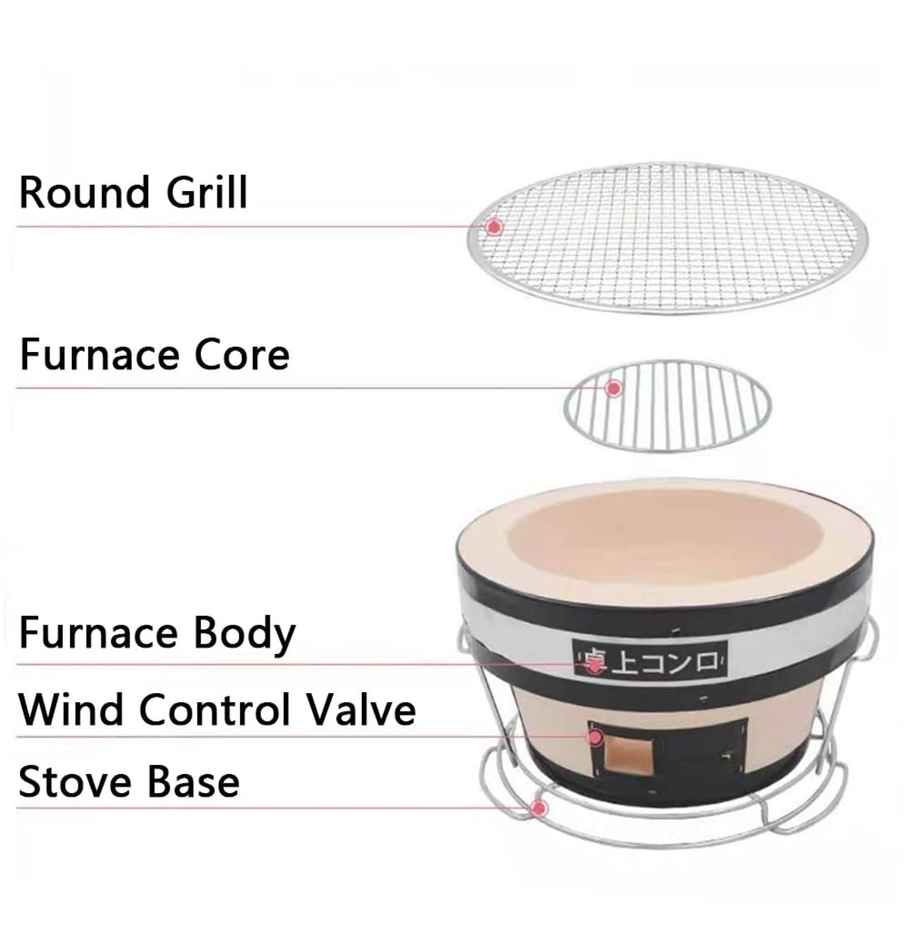 Round Japanese Ceramic Clay Charcoal Grill, Mini Grill Stove with Charcoal Grate and Stand for Indoor and outdoor - Chefcoca