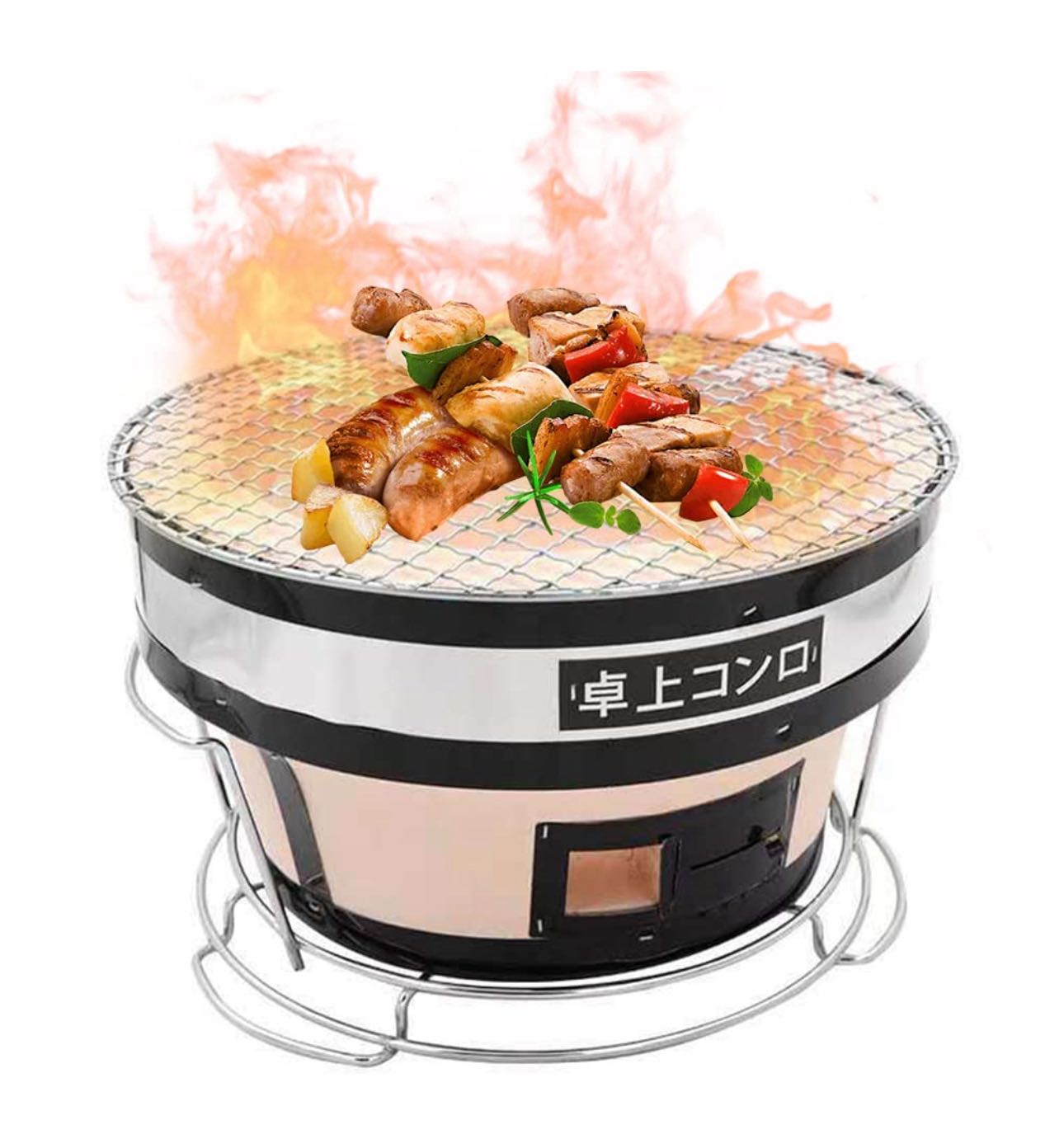 Round Japanese Ceramic Clay Charcoal Grill, Mini Grill Stove with Charcoal Grate and Stand for Indoor and outdoor - Chefcoca